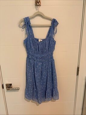 Moa Moa Light Blue Floral Tie-Strap Smocked Mini Dress